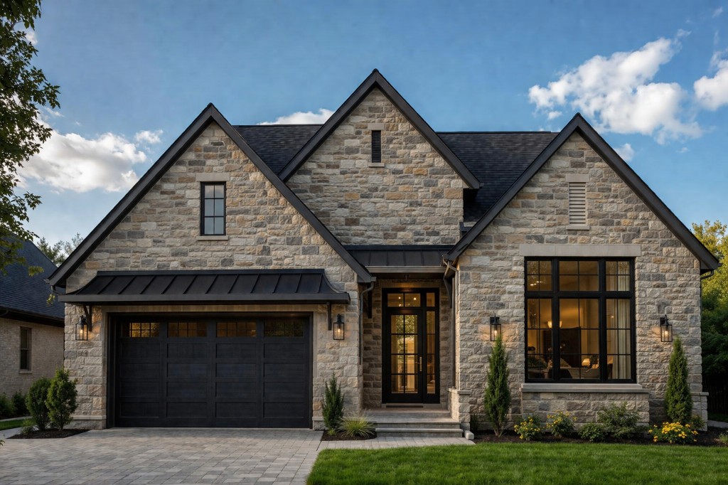 Fassadenreinigung: gepflegte Natursteinfassade mit Klinkeroptik, große Fenster und Eingang – repräsentatives Erscheinungsbild