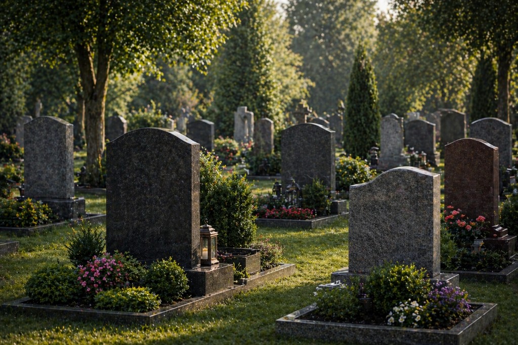Grabsteinreinigung: gepflegter Friedhof mit sauberen Grabsteinen aus Granit und liebevoll bepflanzten Gräbern