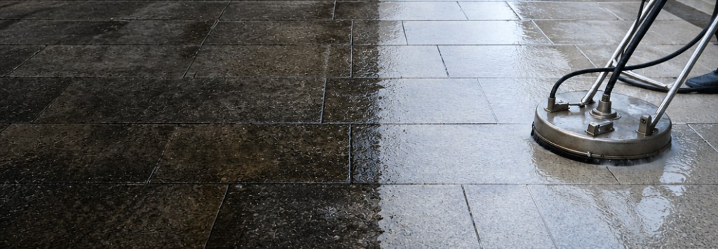 Steinreinigung – Terrasse vor und nach der Reinigung