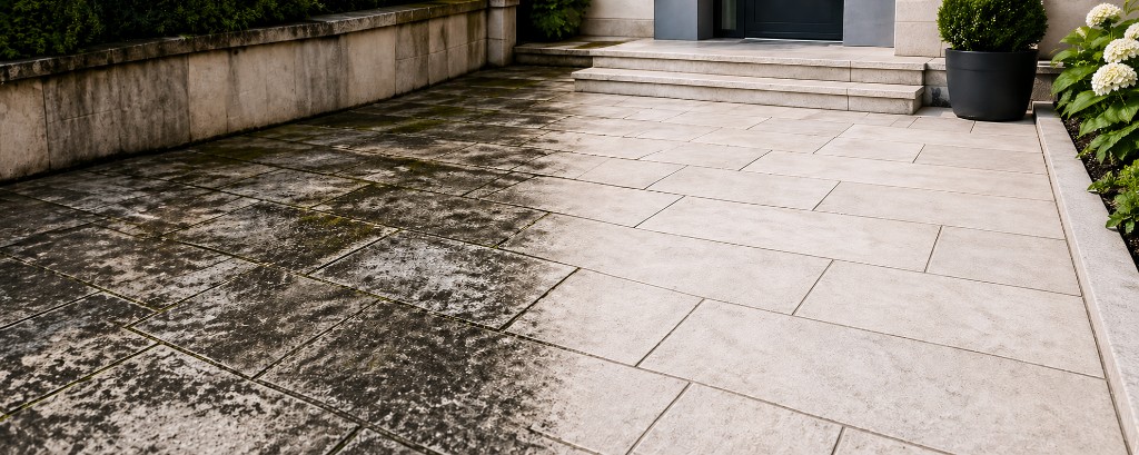 Vorher-Nachher: Steinplatten Terrasse mit Moos und Belag vor der Reinigung und sauber nach der Steinreinigung