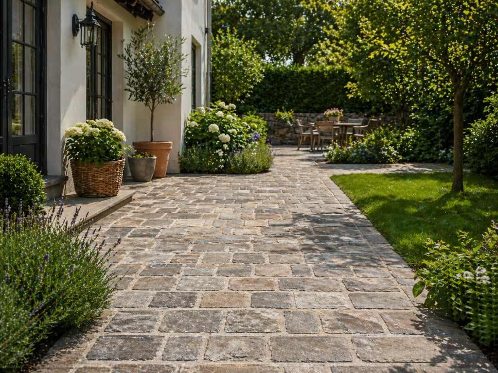 Pflastersteinreinigung: saubere Natursteinpflaster auf Hofweg und Terrasse neben weißem Haus, Fugen ohne Moos und Unkraut