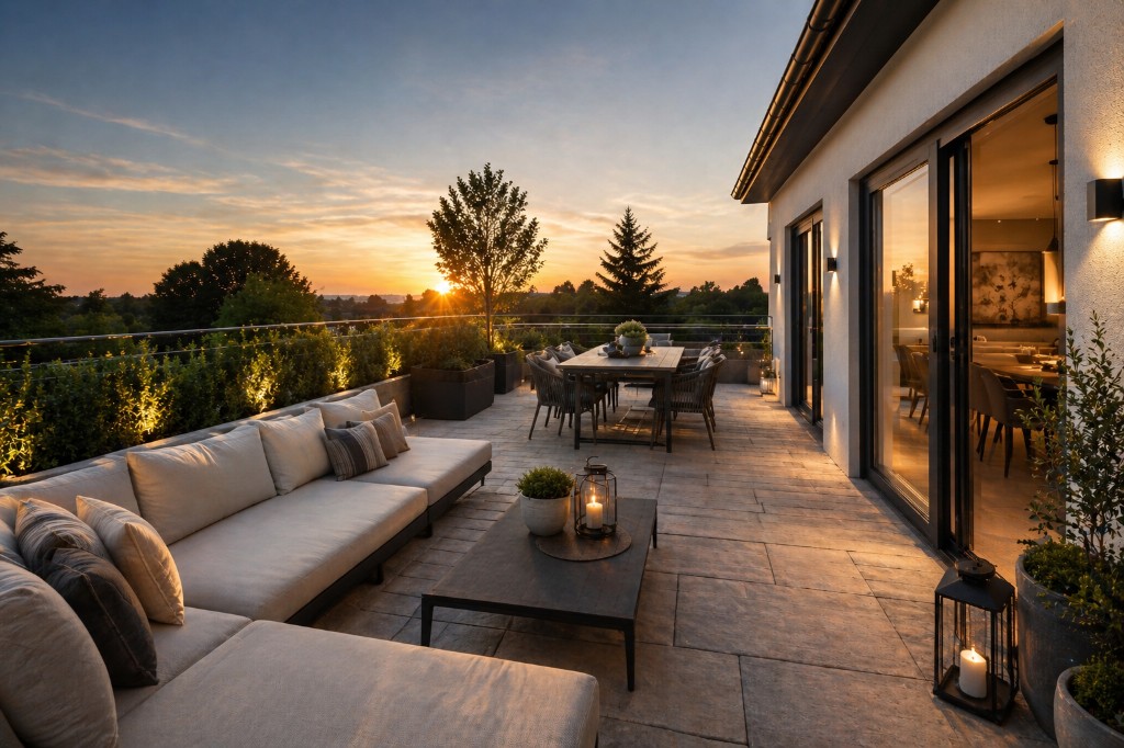 Terrassenreinigung: gepflegte Naturstein-Terrasse mit hellen Platten, Lounge und Außenbereich