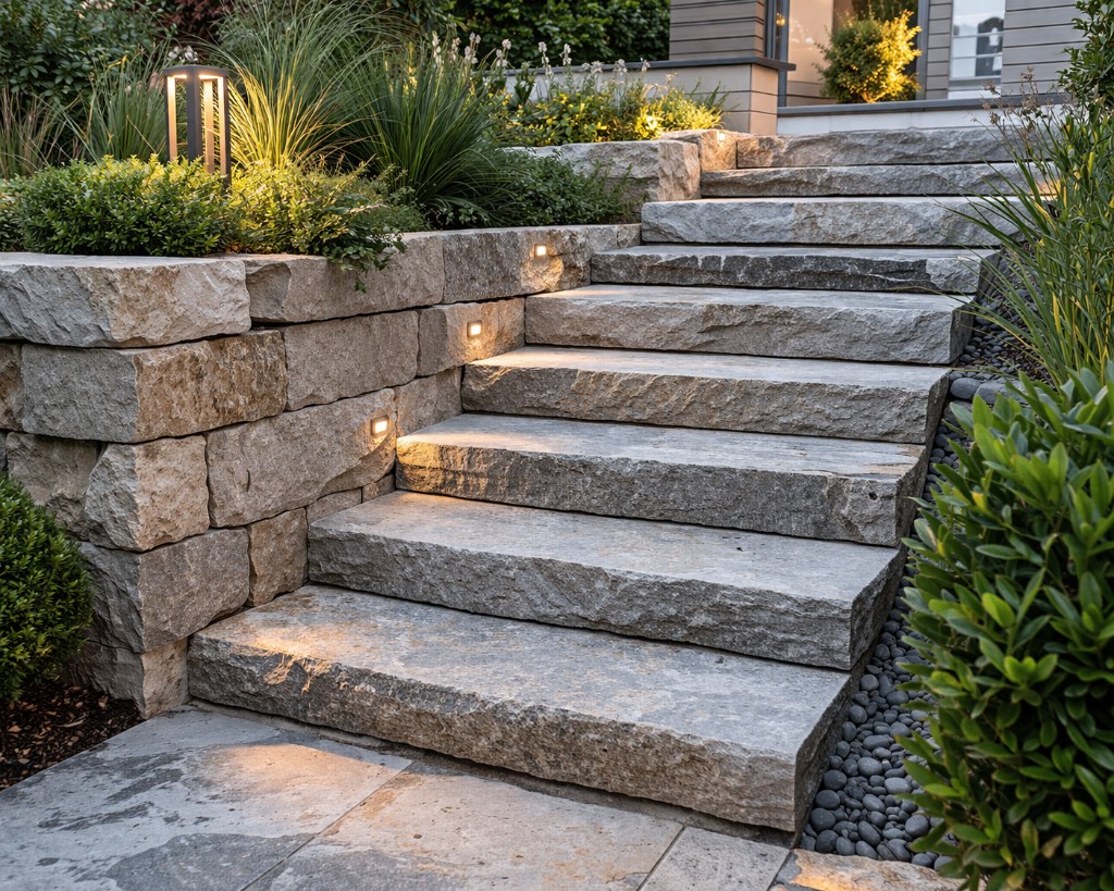 Treppenreinigung: Außentreppe aus großen Natursteinplatten, rutschfeste Stufen mit Beleuchtung im Garten