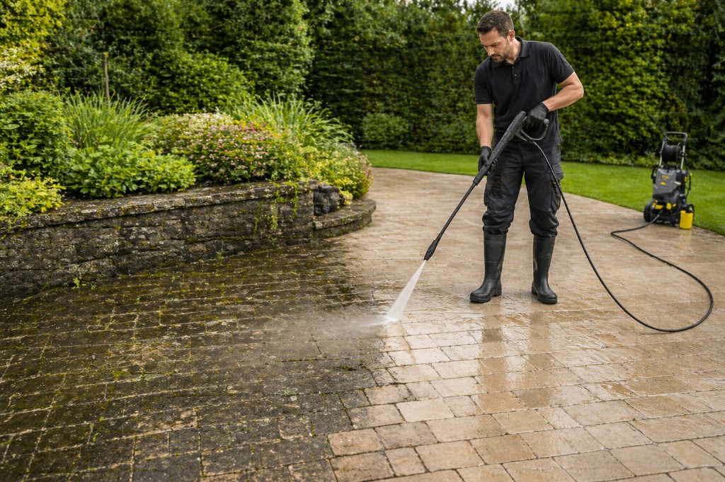 Professionelle Hochdruckreinigung: Fachkraft reinigt Steinplatten auf der Terrasse – sichtbarer Kontrast zwischen vermooster und frisch gereinigter Fläche