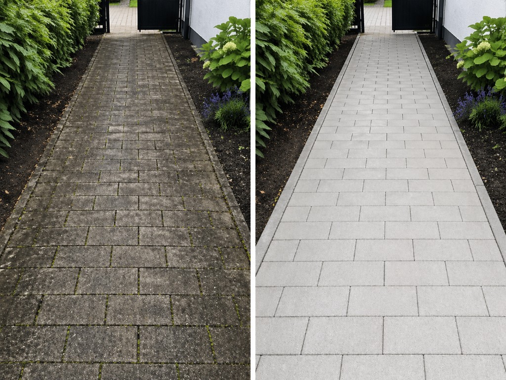 Vorher/Nachher: Beispiel 2 – Pflasterreinigung (Weg)